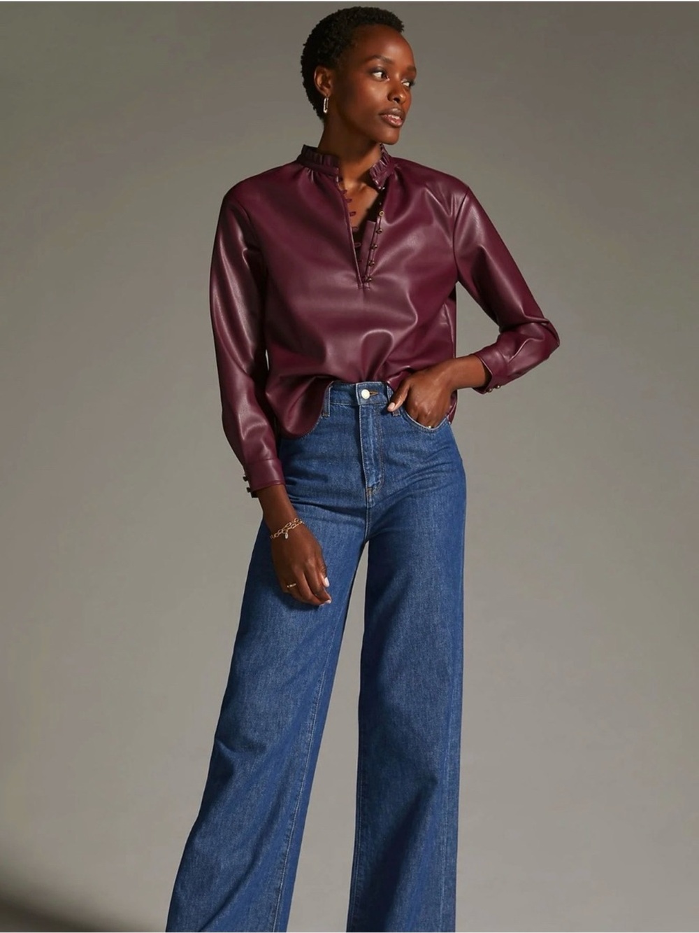 Anthropologie Pilcro Women's Purple Wine Fall Faux Leather Blouse Size Small